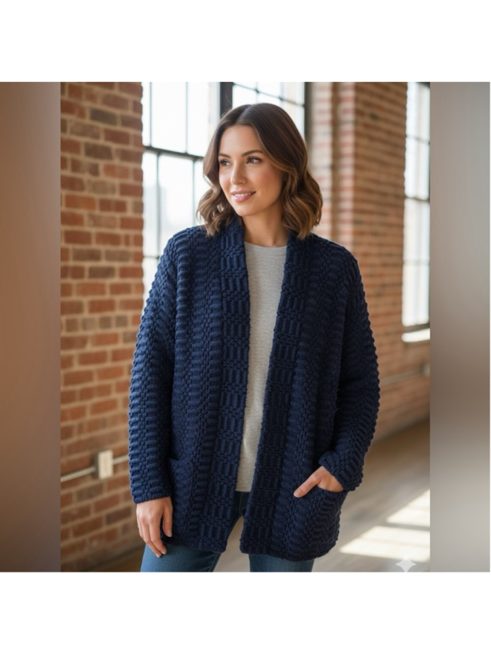 Vintage Zaffiro Navy Chunky Knit Open Front Cardigan Size 44 ( US L)